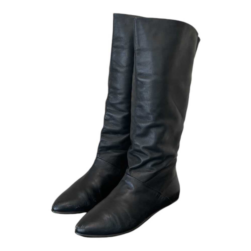 Size 7 Vintage tall blue genuine leather women flat pull on pirate slouch boots.